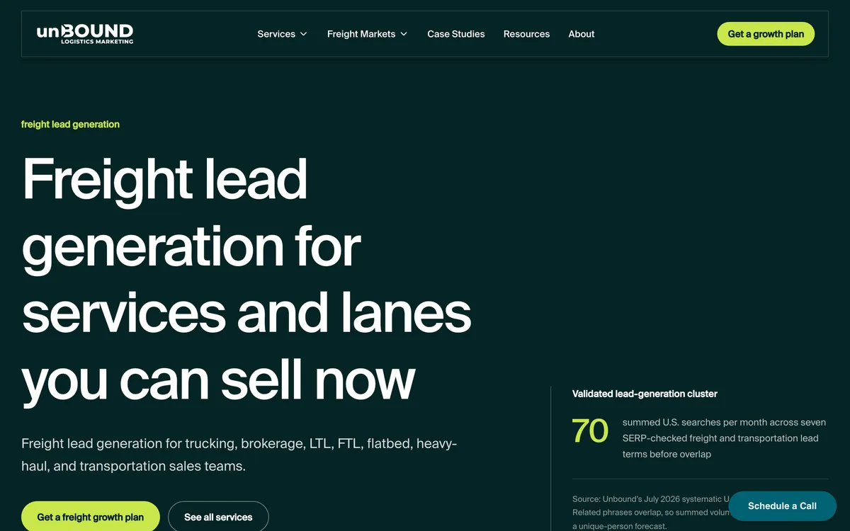 Unbound Logistics freight lead generation service page