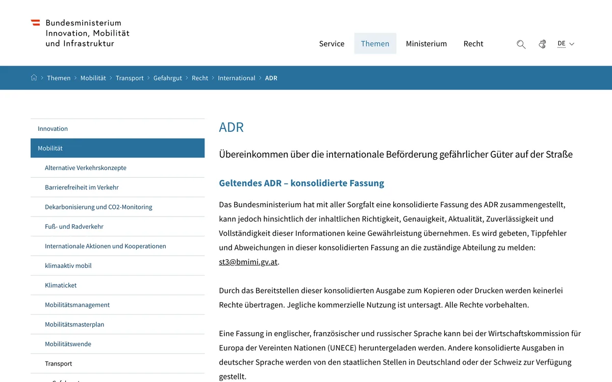 Die ADR-Seite des österreichischen Bundesministeriums BMIMI