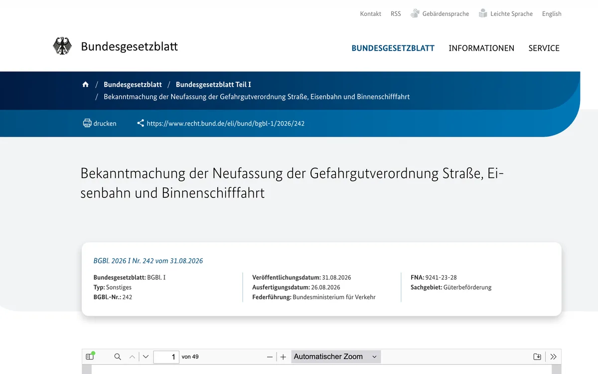 Die Neufassung der GGVSEB im Bundesgesetzblatt auf recht.bund.de
