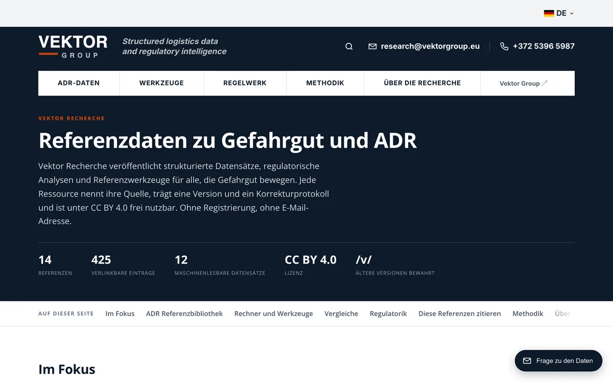 Die Bibliothek von Vektor Research mit Referenzen zu Gefahrgut auf Deutsch