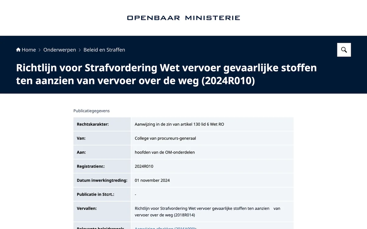 De pagina van de richtlijn voor strafvordering Wet vervoer gevaarlijke stoffen op om.nl
