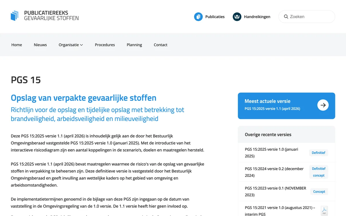 De pagina van PGS 15 in de Publicatiereeks Gevaarlijke Stoffen
