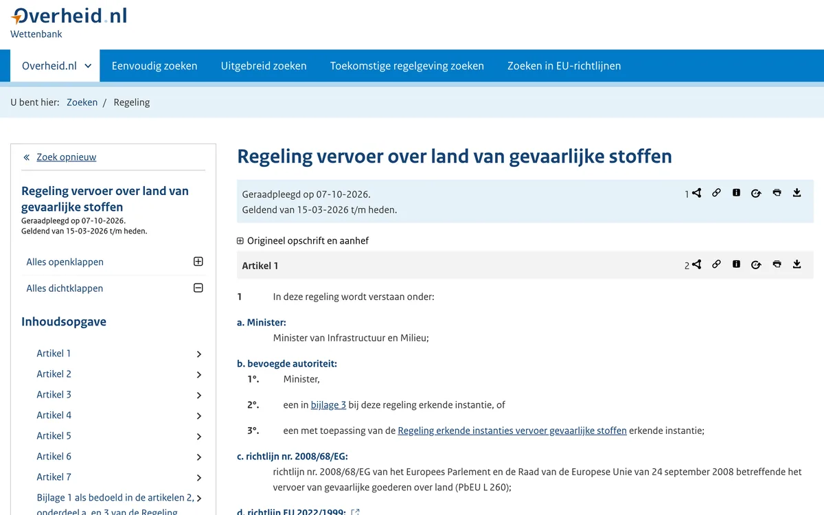 De Regeling vervoer over land van gevaarlijke stoffen op wetten.overheid.nl