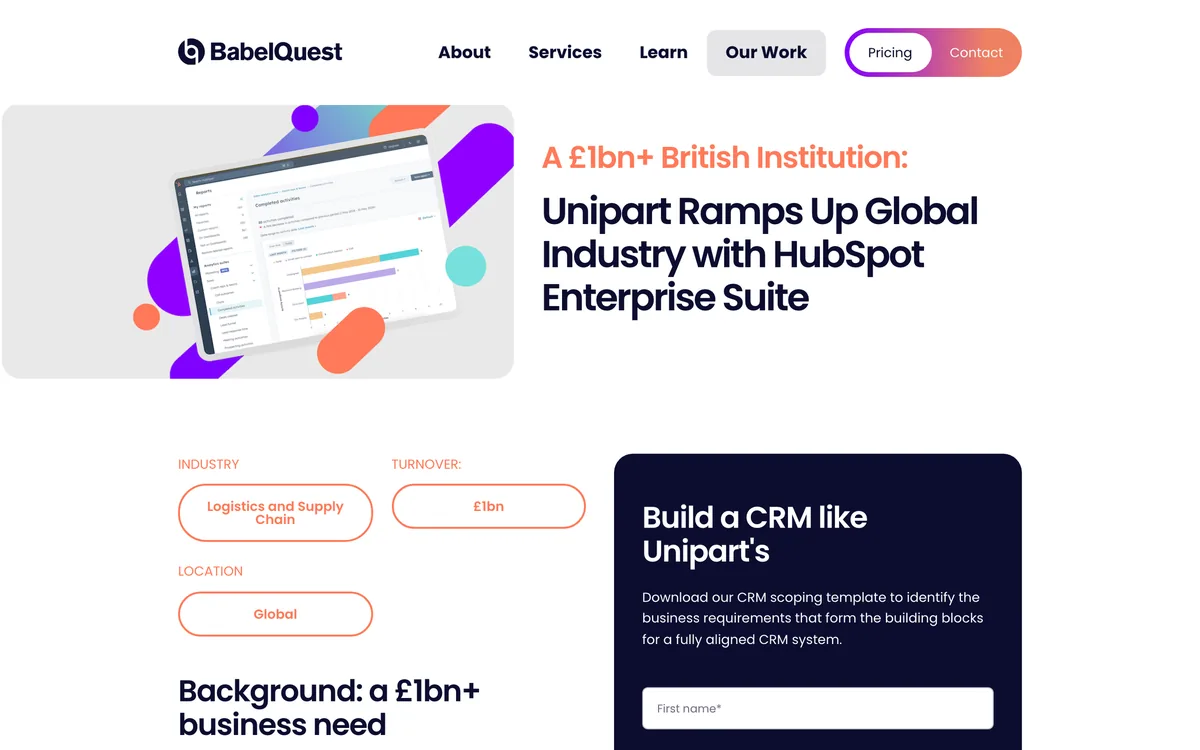 BabelQuest case study page on Unipart Group's HubSpot Enterprise rollout