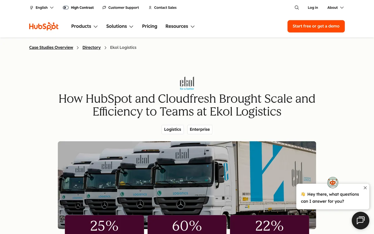 HubSpot case study page on Ekol Logistics and Cloudfresh with three result figures