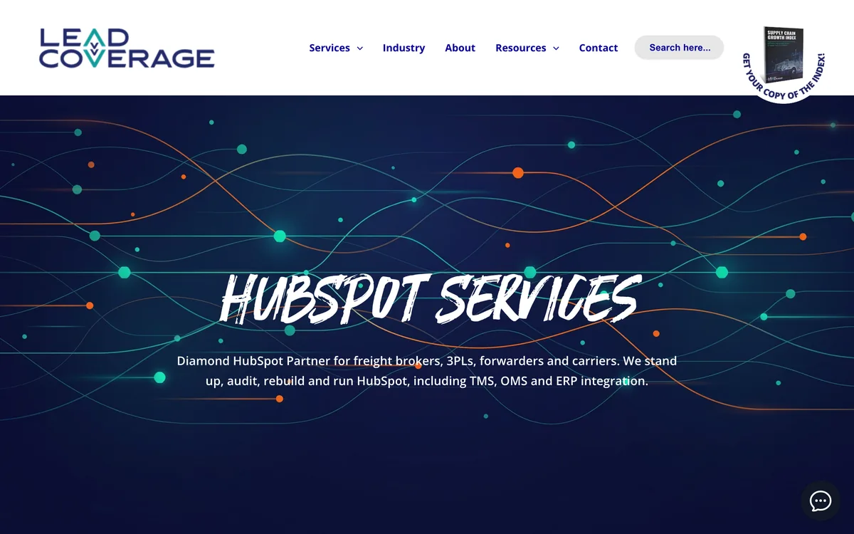LeadCoverage HubSpot services page addressed to freight brokers, 3PLs, forwarders and carriers