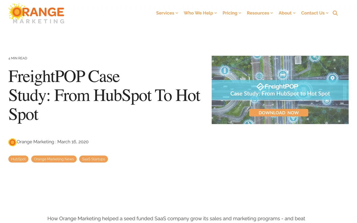 Orange Marketing case study page on FreightPOP's HubSpot portal and inbound programme