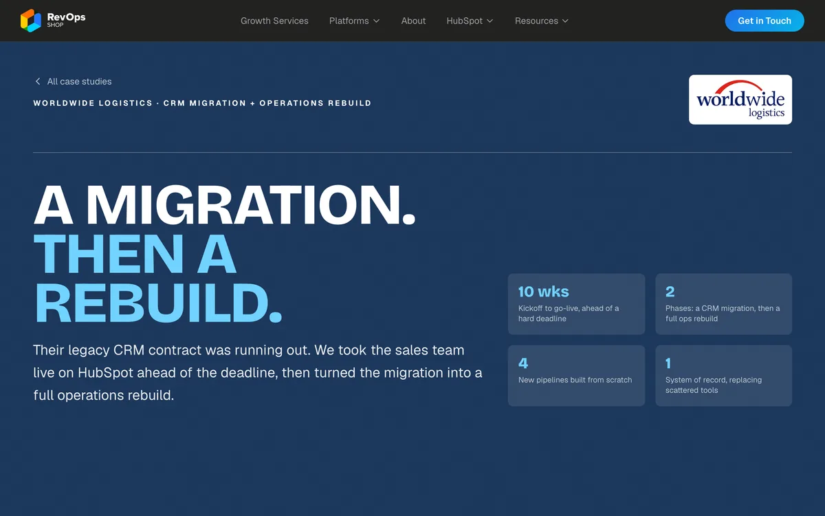 The RevOps Shop case study page on Worldwide Logistics' CRM migration and rebuild