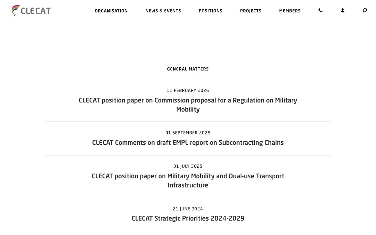 The CLECAT general positions page listing dated position papers