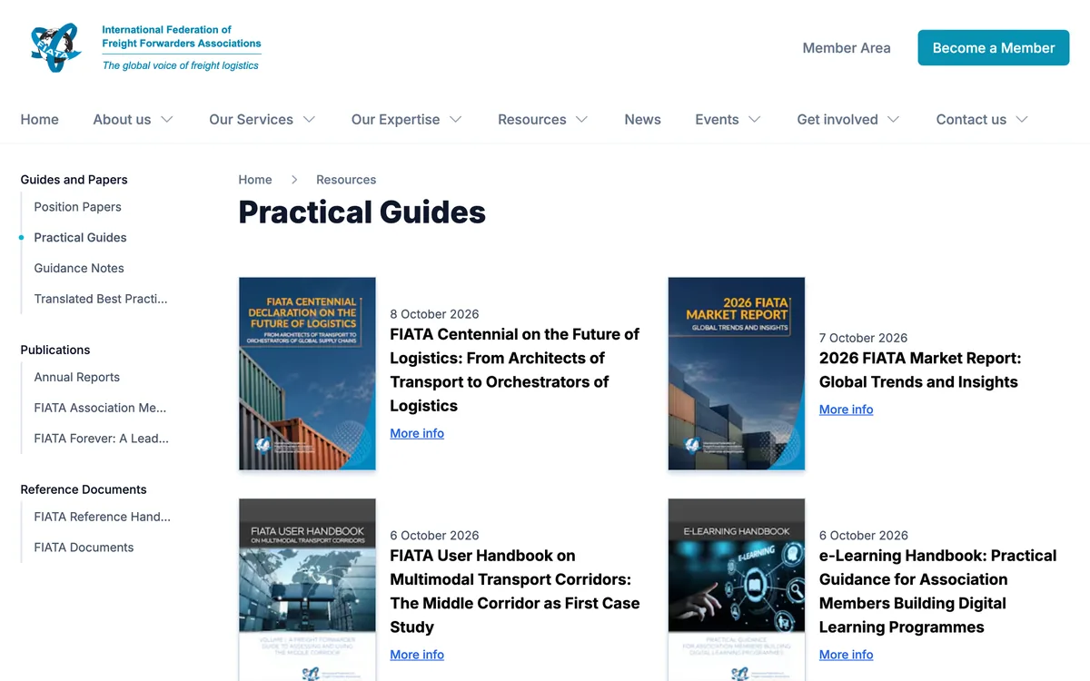 The FIATA practical guides page listing the 2026 Market Report