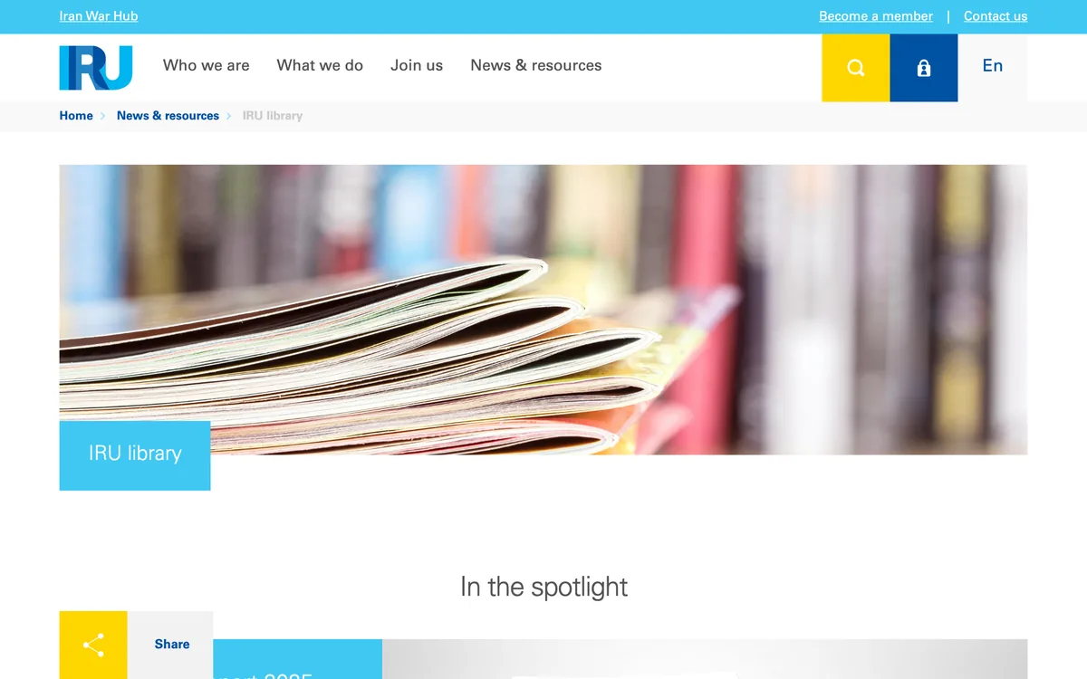 The IRU library page with its spotlight reports and search filters