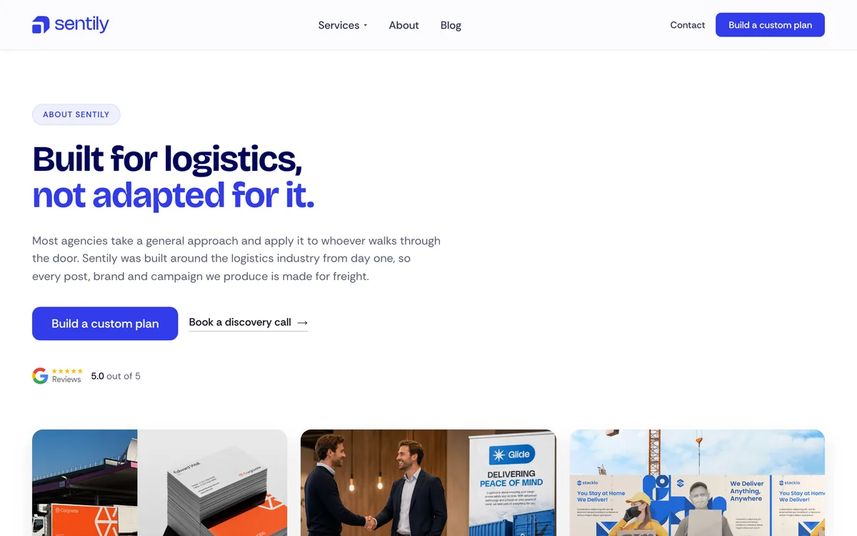 Sentily's About page, headed Built for logistics, not adapted for it