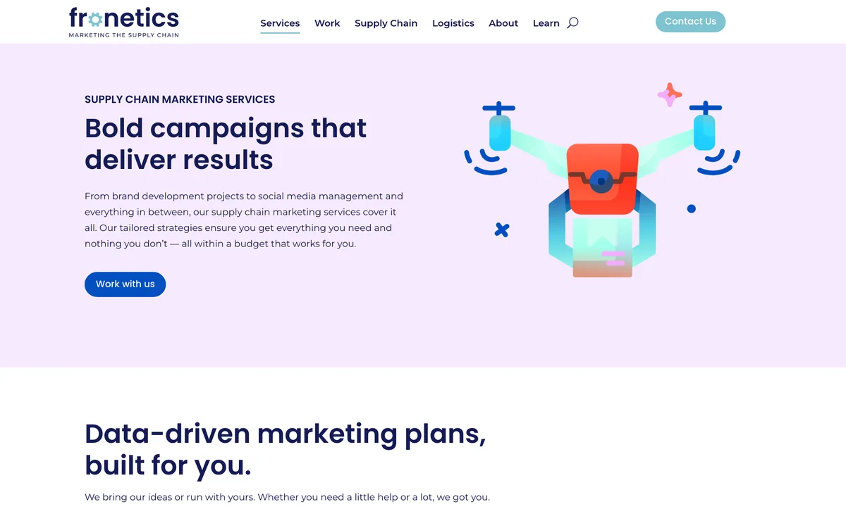 Fronetics supply chain marketing services page listing content creation services
