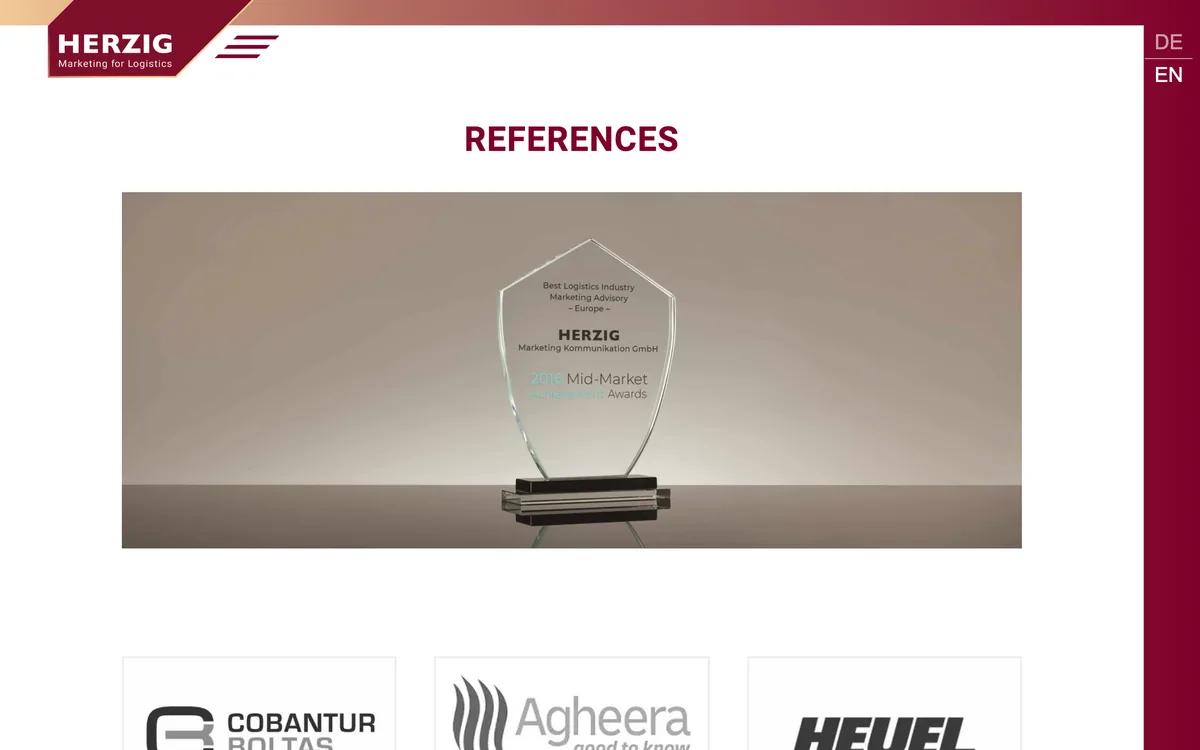 HERZIG references page listing logistics clients and the scope of work for each
