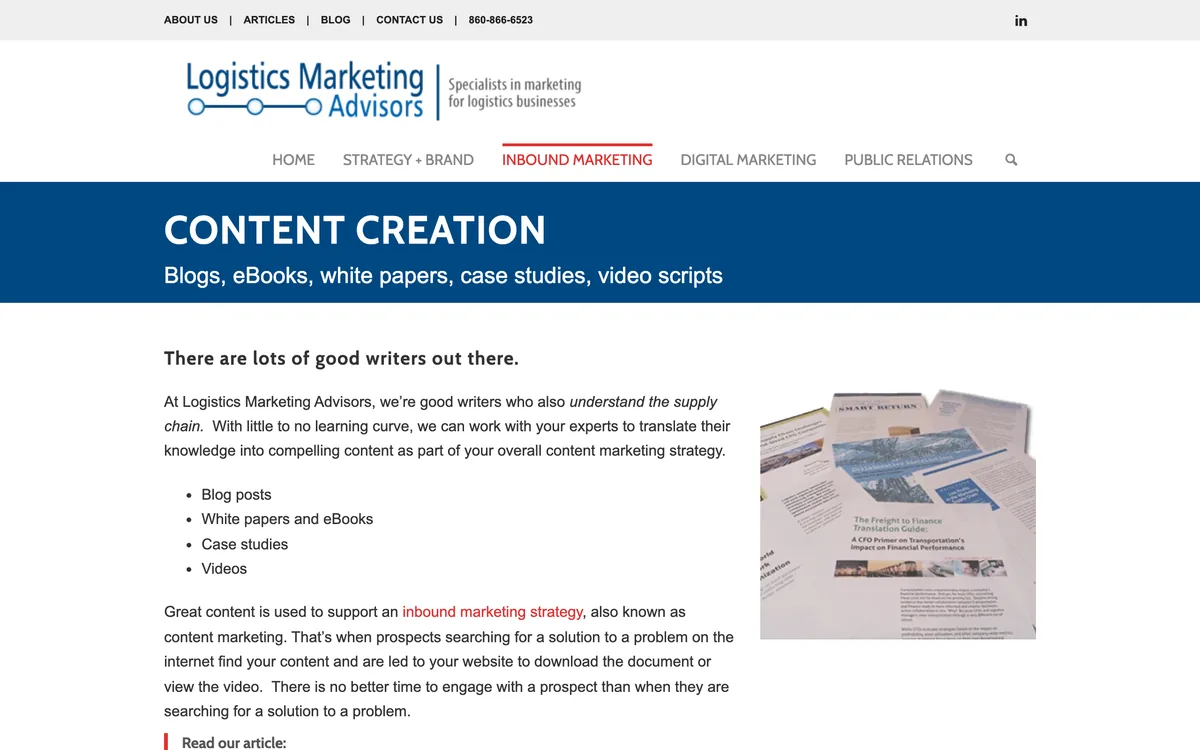Logistics Marketing Advisors content creation page listing blogs, eBooks, white papers and case studies