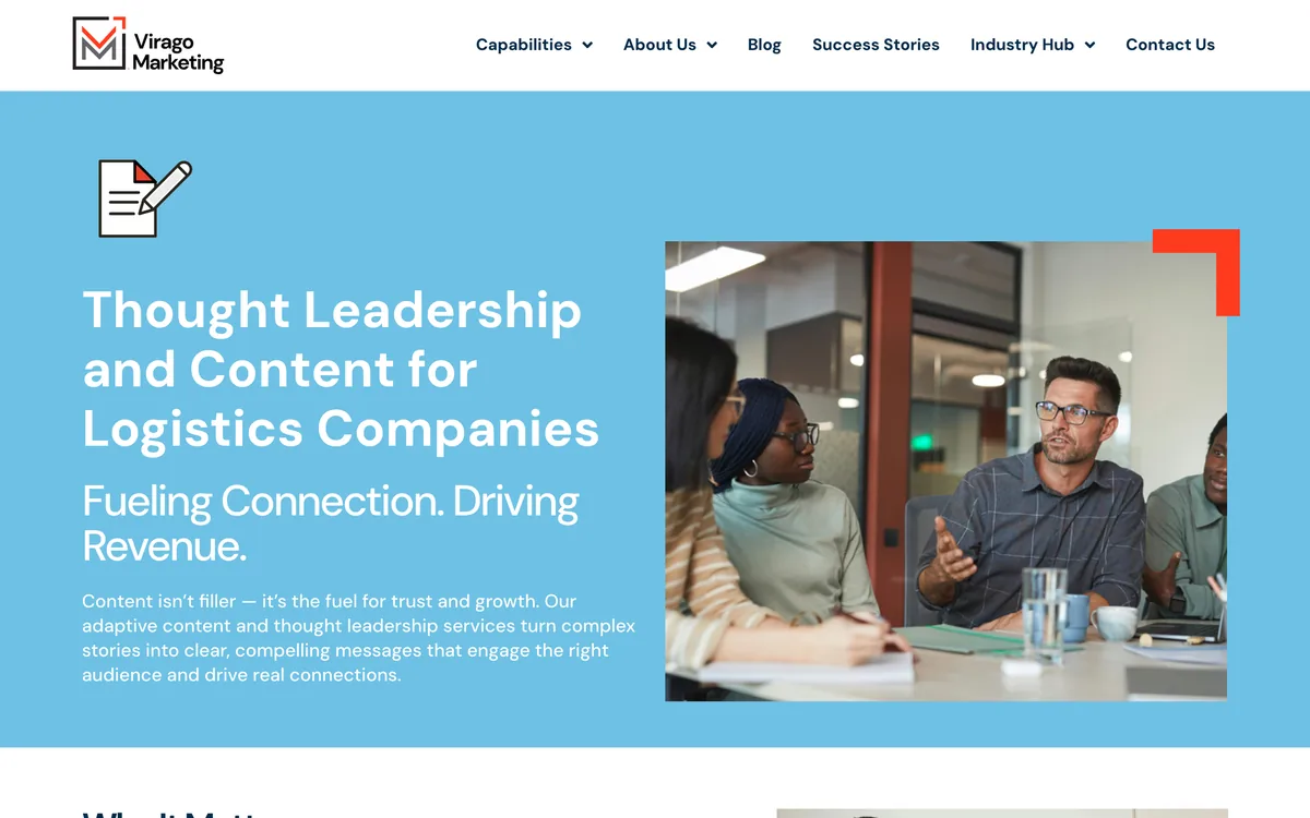 Virago Marketing thought leadership and content page for logistics companies