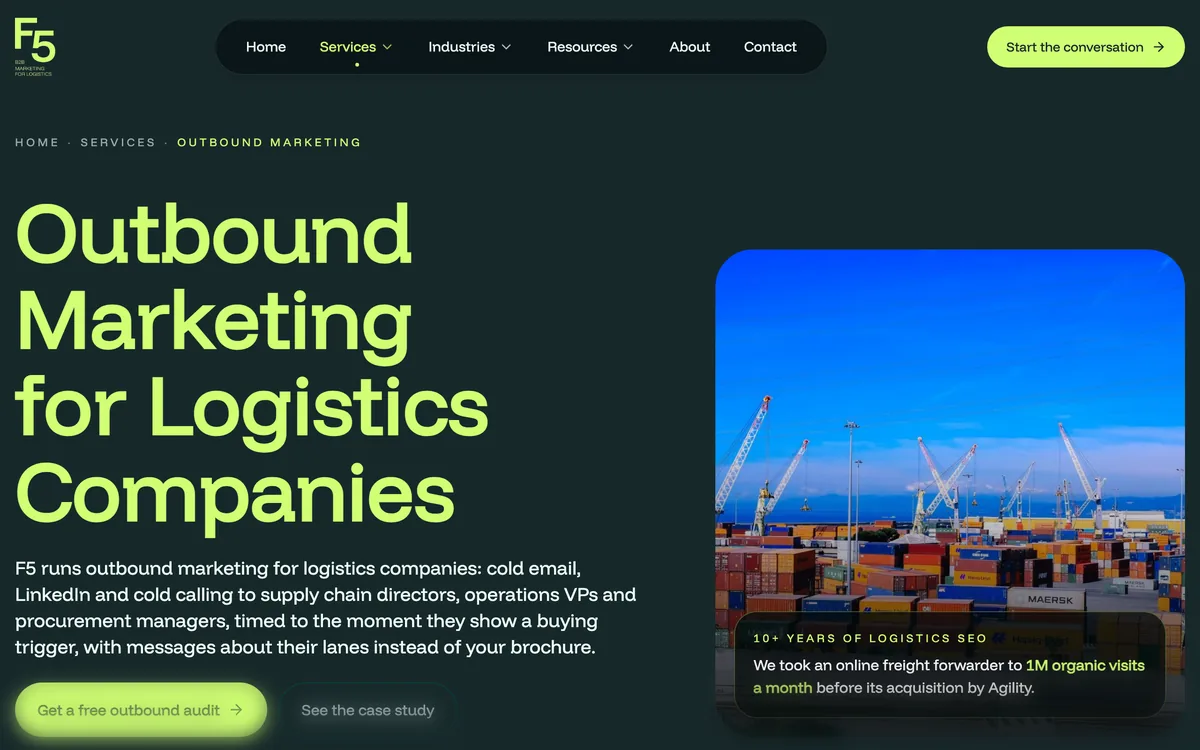 F5 Marketing's outbound marketing page for logistics companies