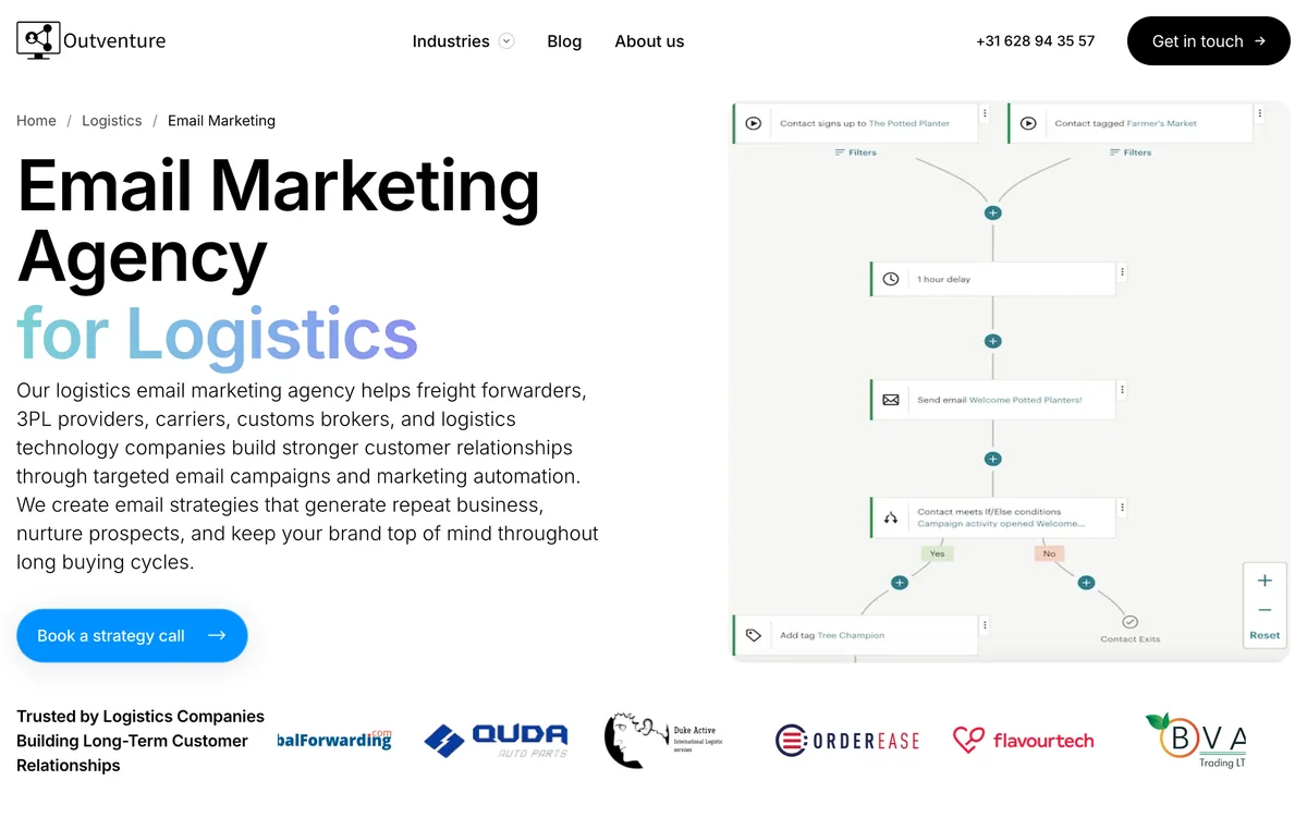 Outventure's email marketing page for logistics companies