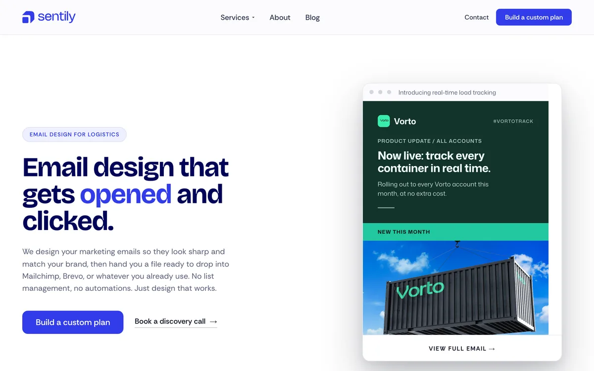 Sentily's email campaign design page for logistics businesses