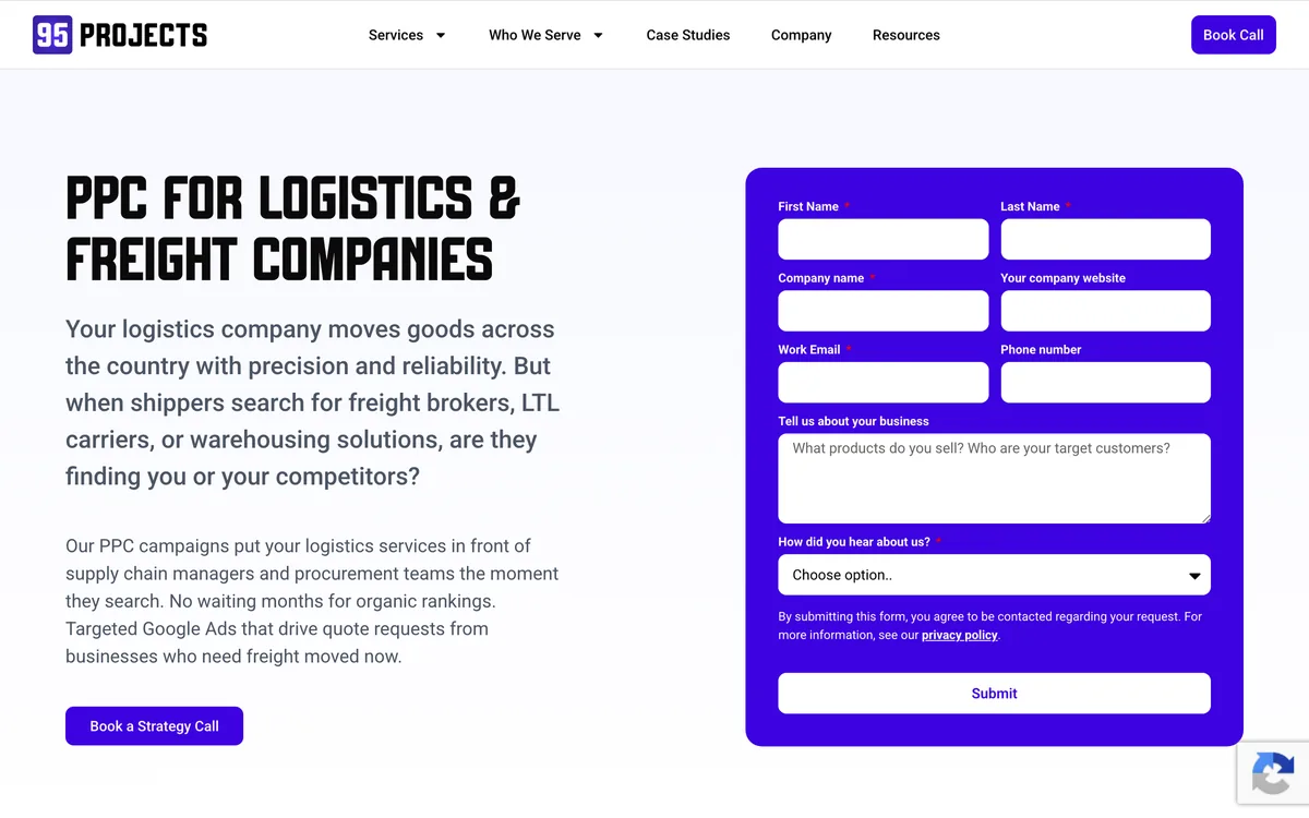 95 Projects page on PPC for logistics and freight companies