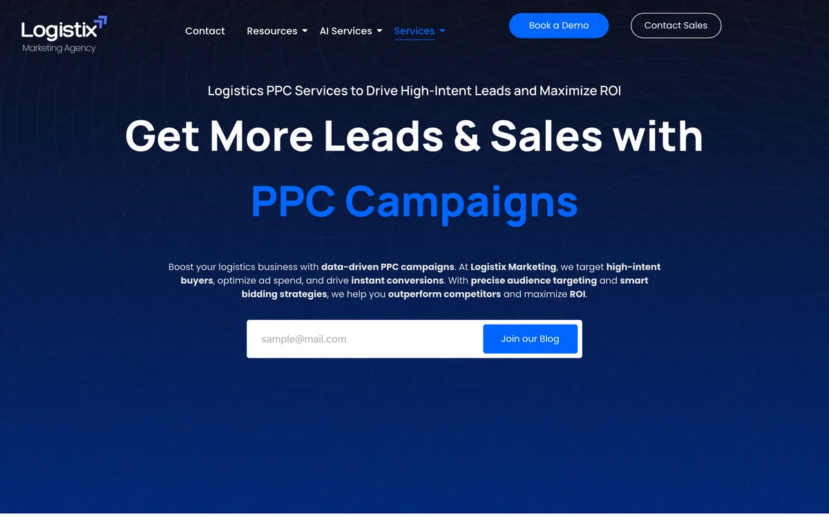 Logistix Marketing page on PPC services for logistics companies