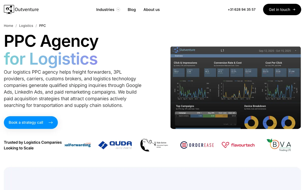 Outventure page on PPC for logistics businesses, with its monthly price