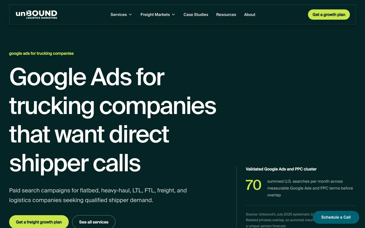 Unbound Logistics page on Google Ads for trucking companies, with its published management price