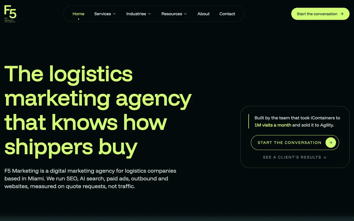 F5 Marketing's home page for logistics companies, with client logos and its services
