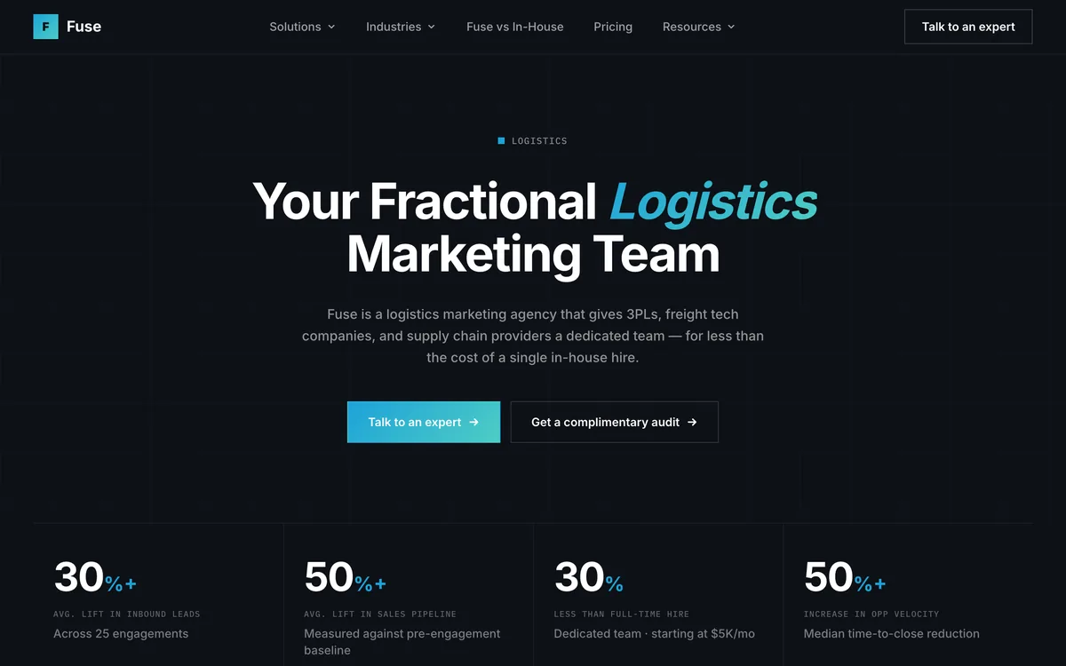 Fuse's logistics marketing page offering a fractional team to 3PLs and freight tech companies