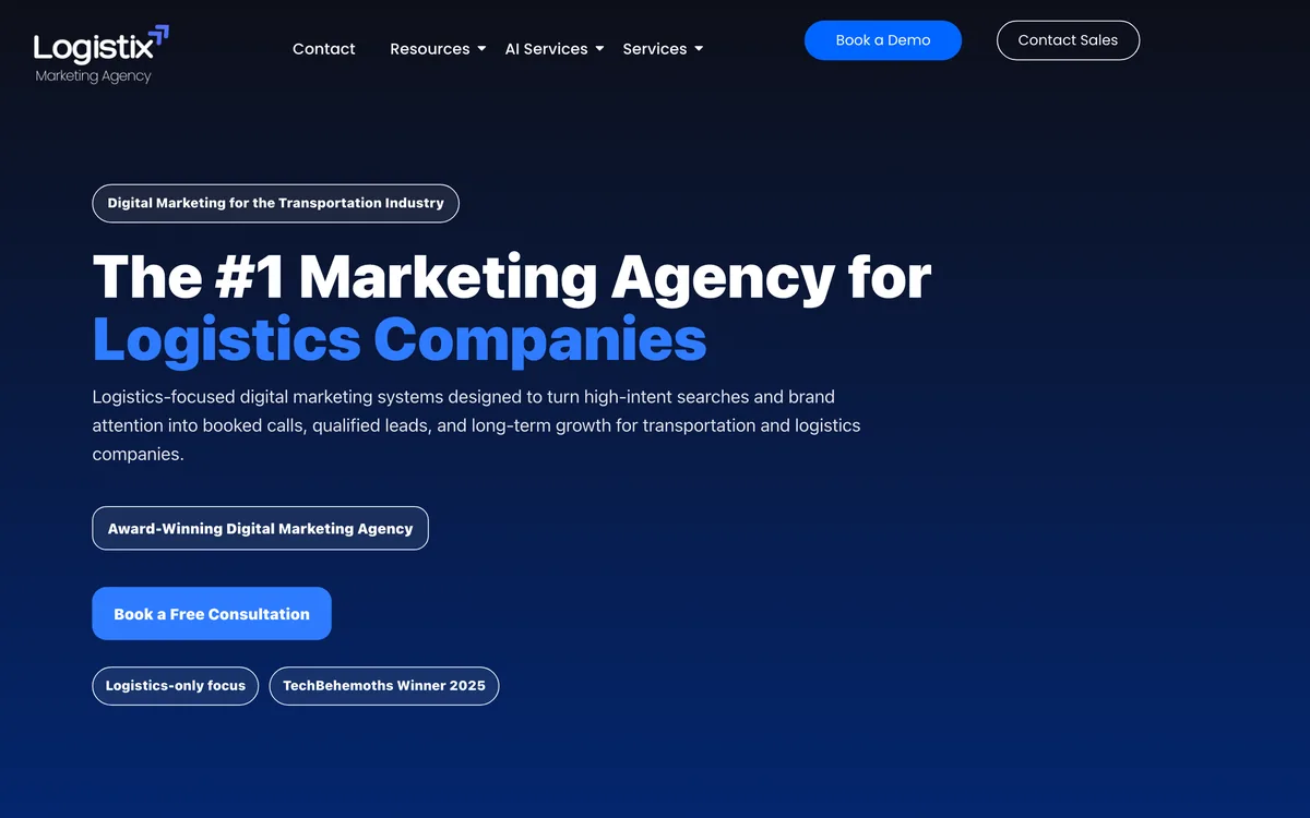Logistix Marketing home page offering marketing and AI automation for transportation companies