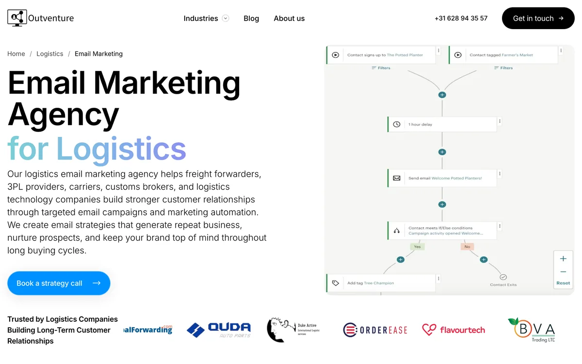 Outventure's email marketing page for logistics companies