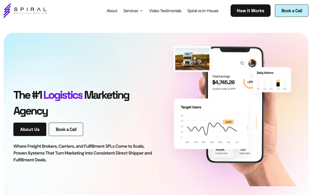Spiral's logistics marketing home page listing 3PLs, forwarders, brokers, warehousing and carriers