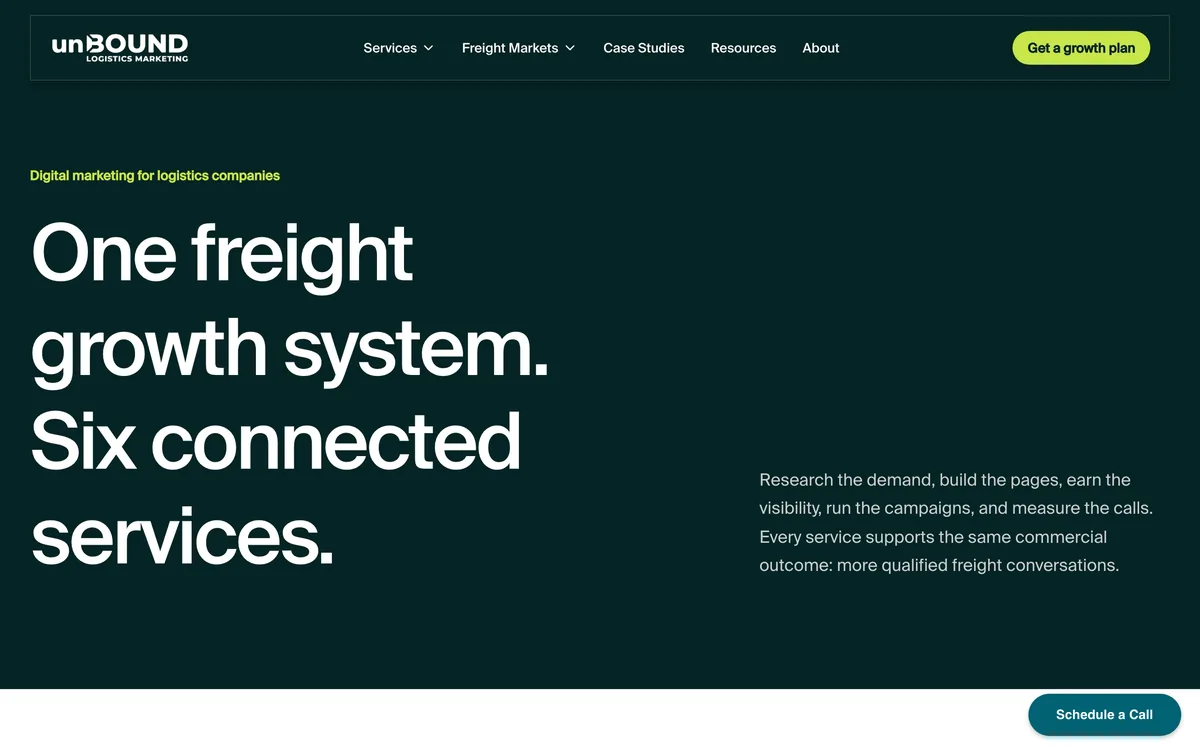 Unbound Logistics services page with six connected services and freight market pages