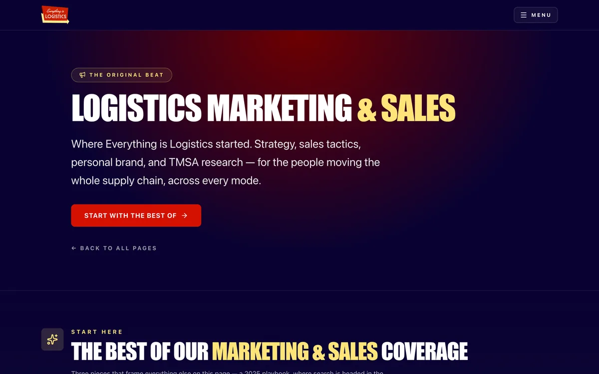 Everything is Logistics Marketing and Sales page with episodes grouped by strategy, sales tactics, personal brand and research