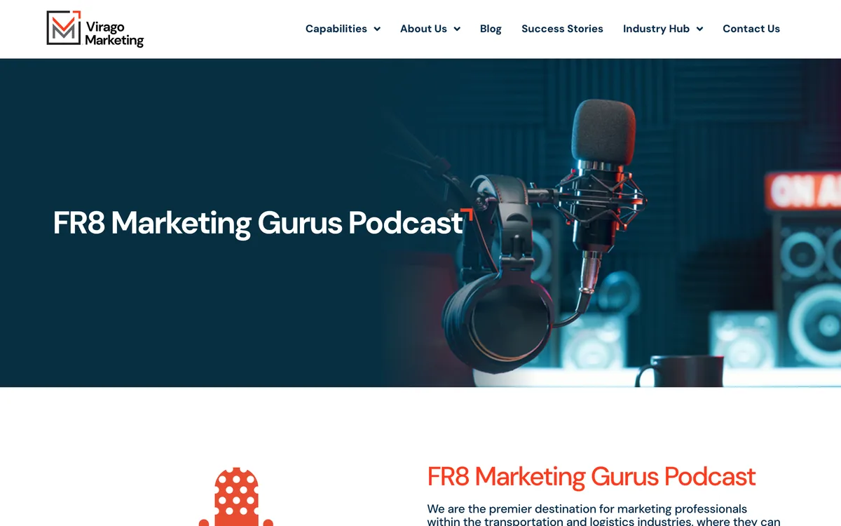 Virago Marketing FR8 Marketing Gurus podcast page with a Listen to the podcast button