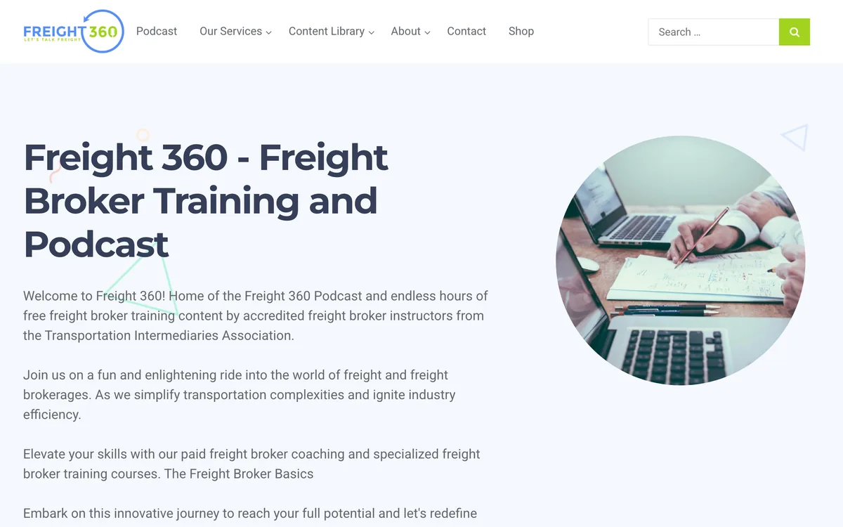 Freight 360 home page describing its free freight broker training podcast and paid coaching