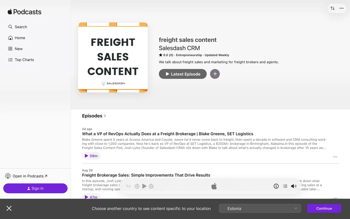 Apple Podcasts page for the freight sales content podcast by Salesdash CRM