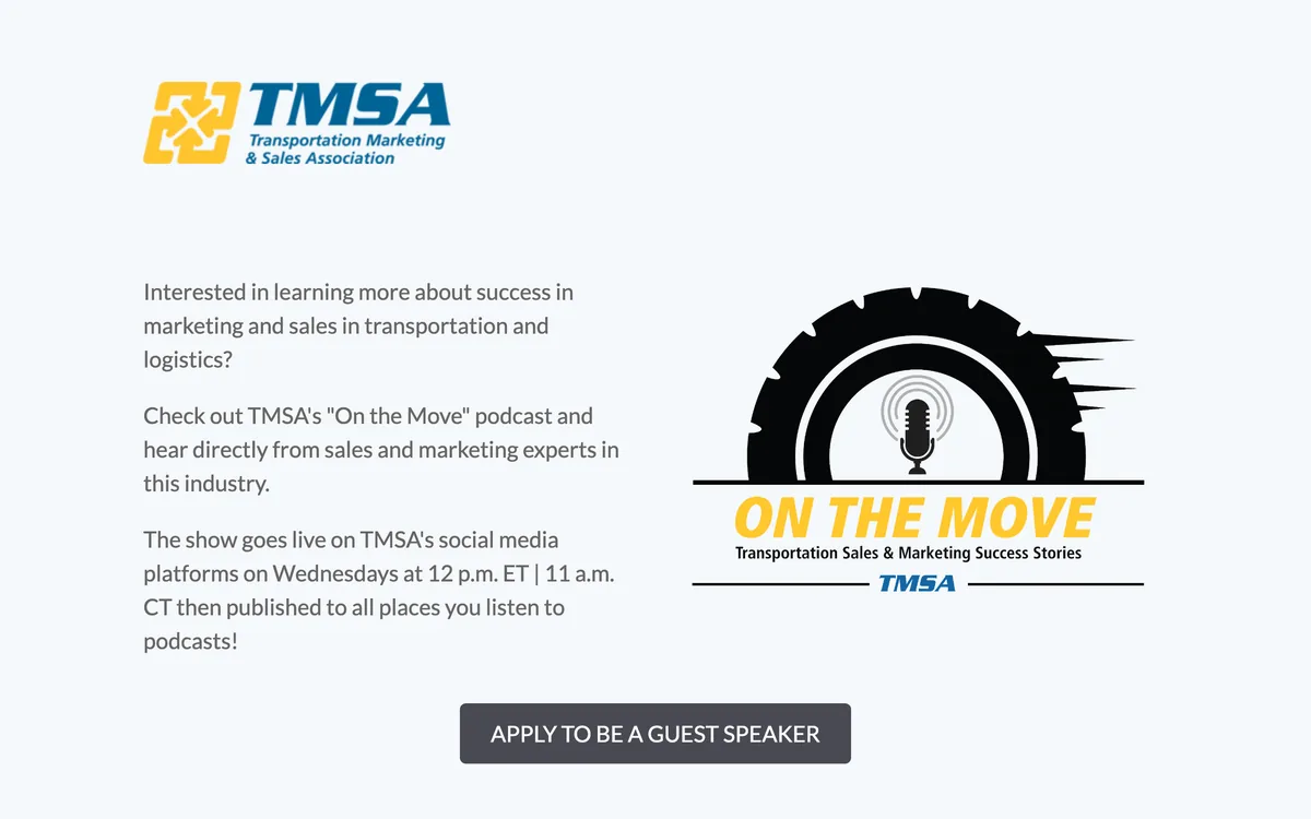TMSA On the Move podcast page with a Watch on YouTube link and a guest speaker application