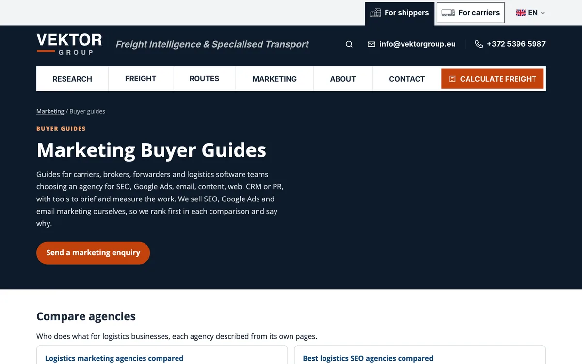 Vektor Group Marketing Buyer Guides page listing logistics marketing agency comparisons