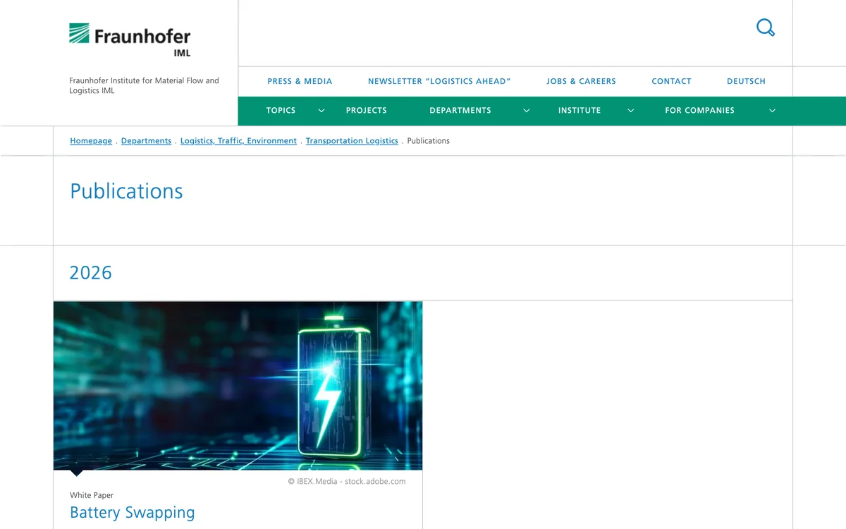 Fraunhofer IML transport logistics publications page with the battery swapping white paper