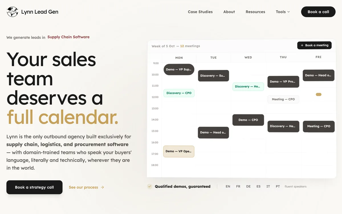 Lynn Lead Gen's Alpega case study page for TMS outbound in six languages