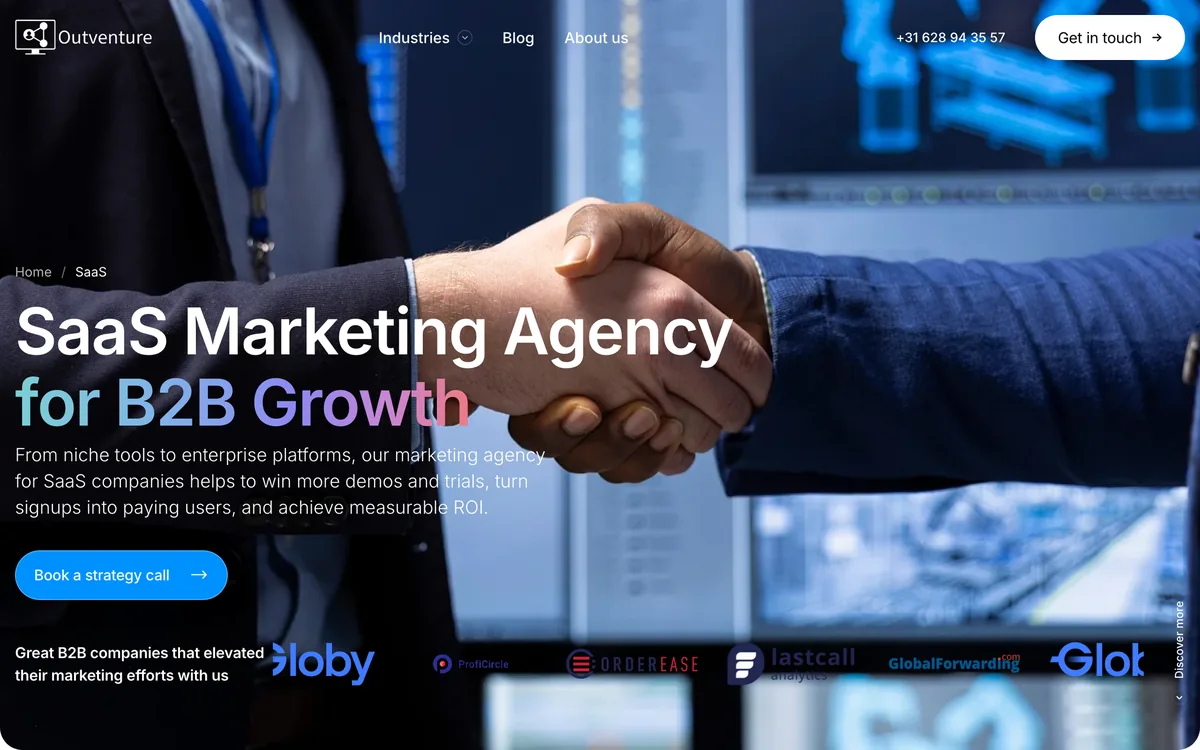 Outventure's SaaS marketing agency page focused on demos and trials