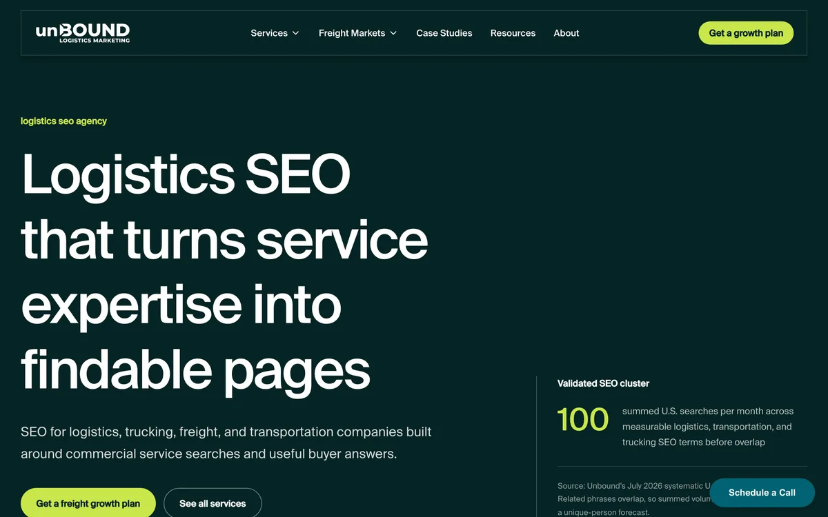 Unbound's logistics SEO service page