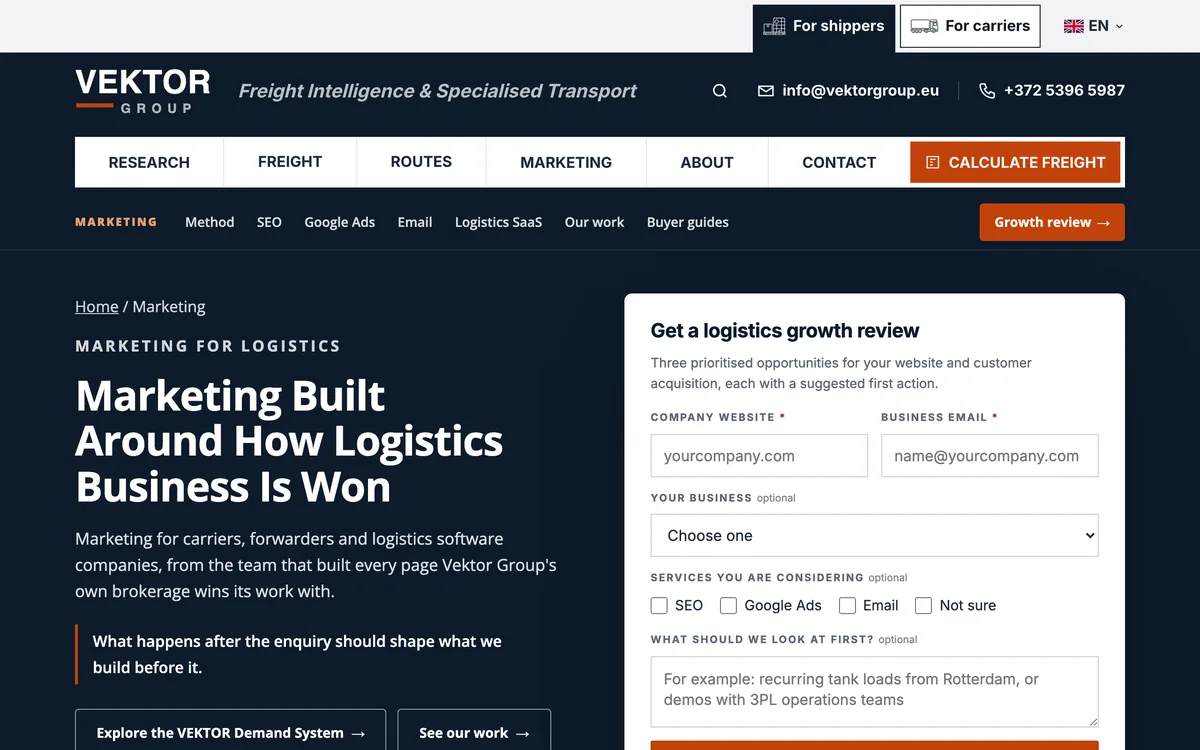 Vektor Group's marketing page for logistics businesses
