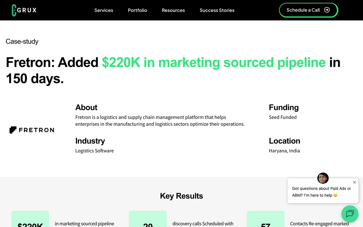 Grux Digital's Fretron case page with marketing sourced pipeline and discovery call figures