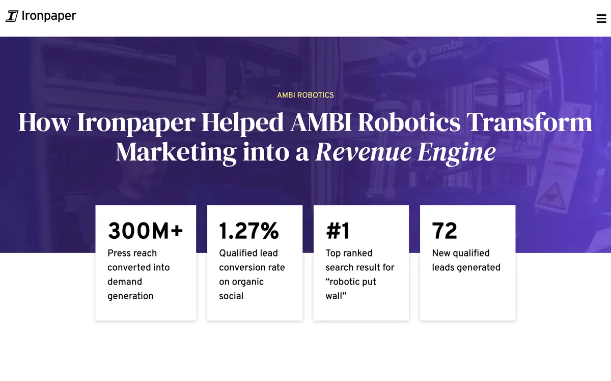 Ironpaper's Ambi Robotics case page with qualified lead and key contact figures