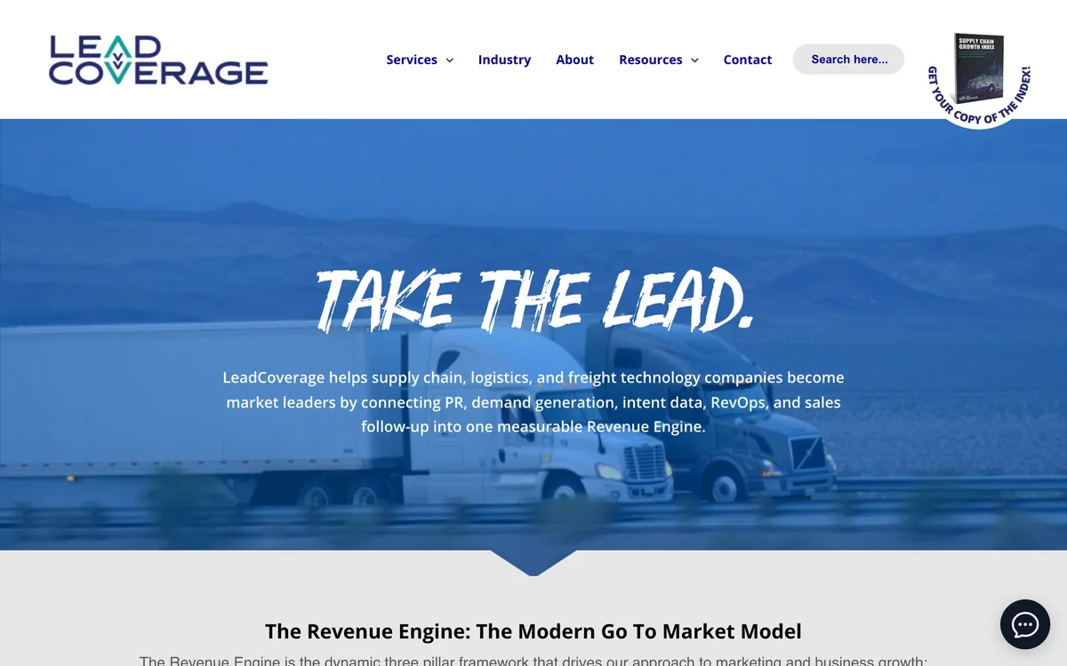 LeadCoverage home page describing go-to-market work for supply chain, logistics and freight technology companies