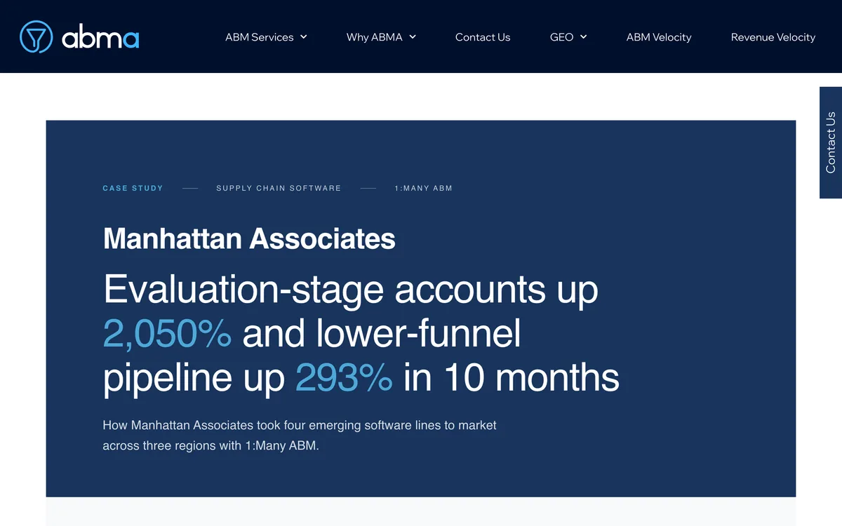 The ABM Agency's Manhattan Associates case page with evaluation-stage account and pipeline growth figures