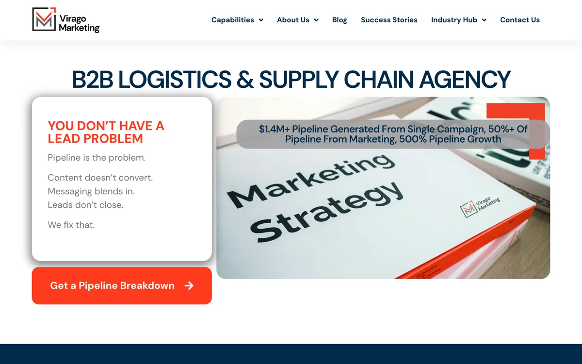 Virago Marketing home page describing marketing for trucking, logistics and supply chain technology