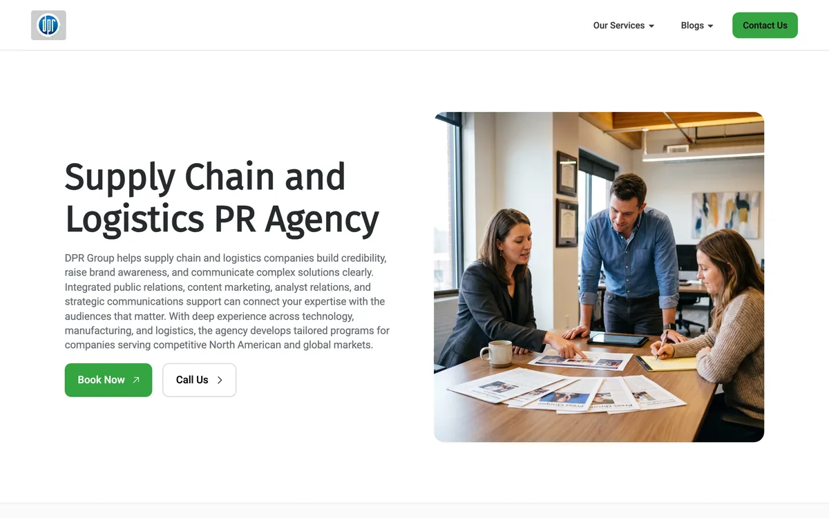 DPR Group's supply chain and logistics PR agency page listing six services